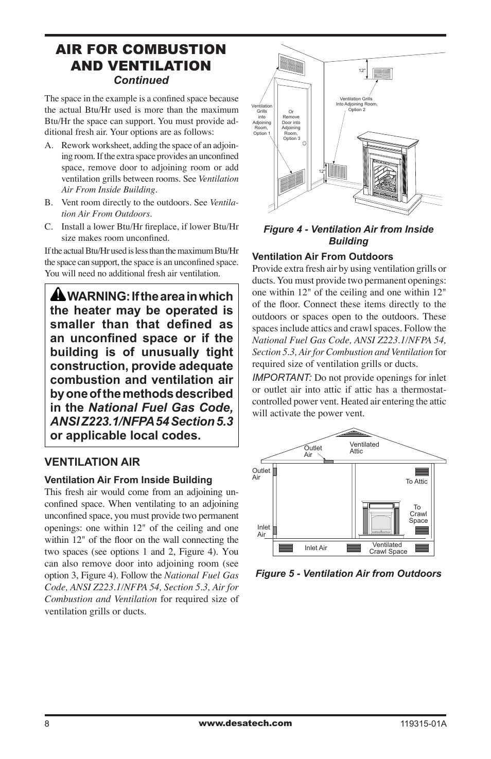 Air for combustion and ventilation, Ventilation air, Continued | Desa CGMFP User Manual | Page 8 / 36