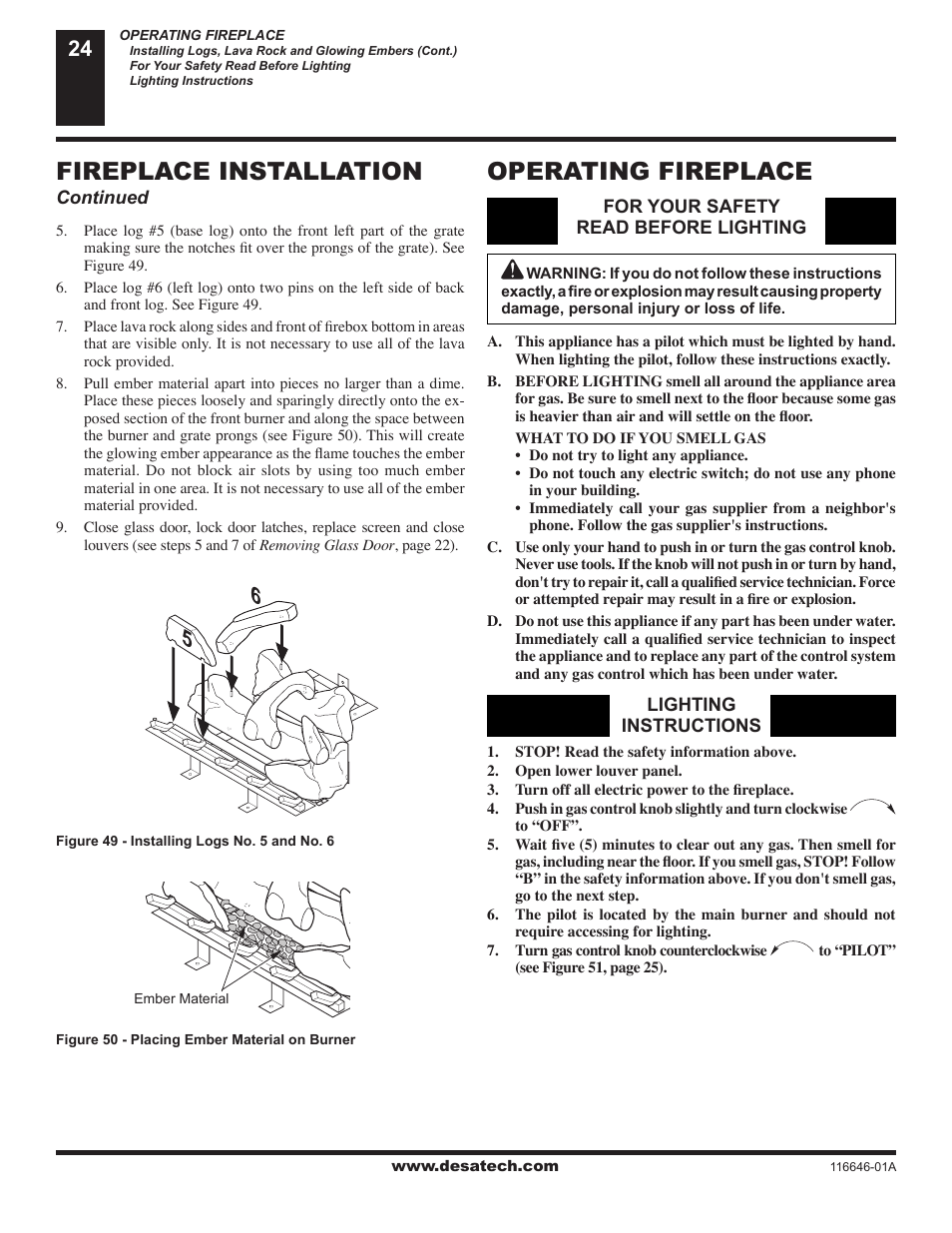 Operating fireplace, Fireplace installation | Desa (V)T32N-A Series User Manual | Page 24 / 38