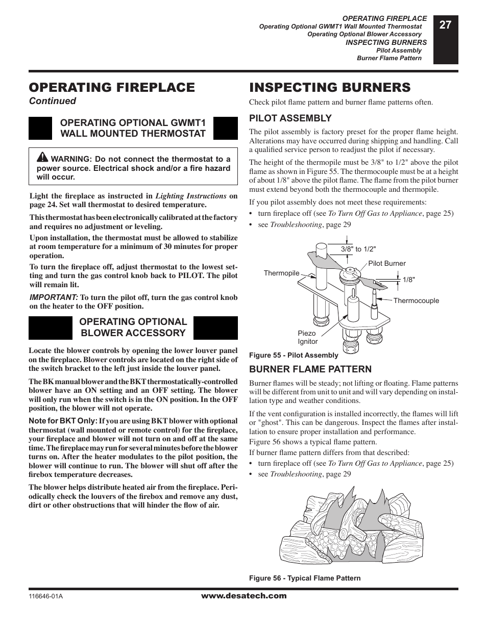 Inspecting burners, Operating fireplace | Desa (V)T32N-A Series User Manual | Page 27 / 38