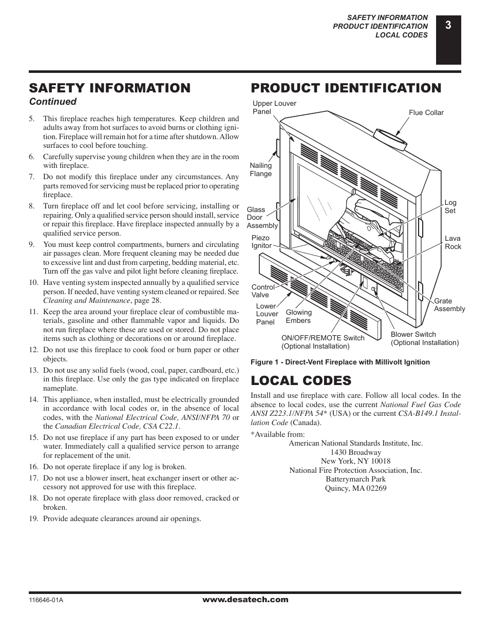 Product identification, Local codes, Safety information | Desa (V)T32N-A Series User Manual | Page 3 / 38