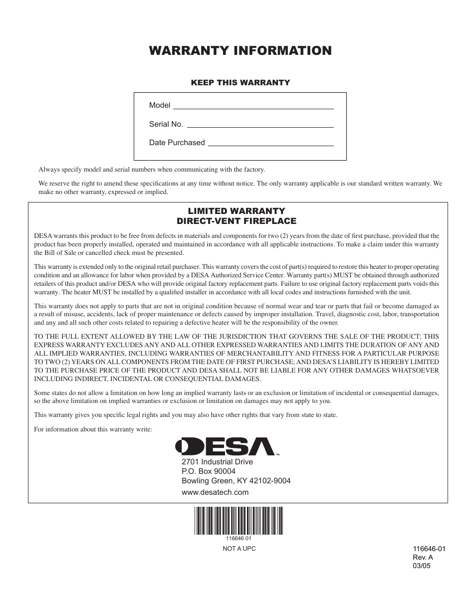 Warranty information | Desa (V)T32N-A Series User Manual | Page 38 / 38