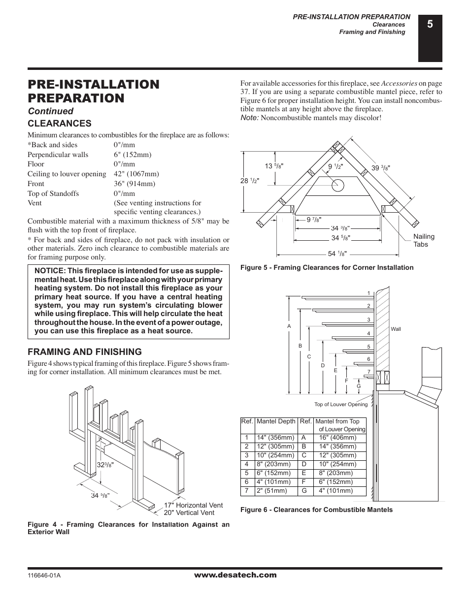 Pre-installation preparation, Clearances, Framing and finishing | Continued | Desa (V)T32N-A Series User Manual | Page 5 / 38