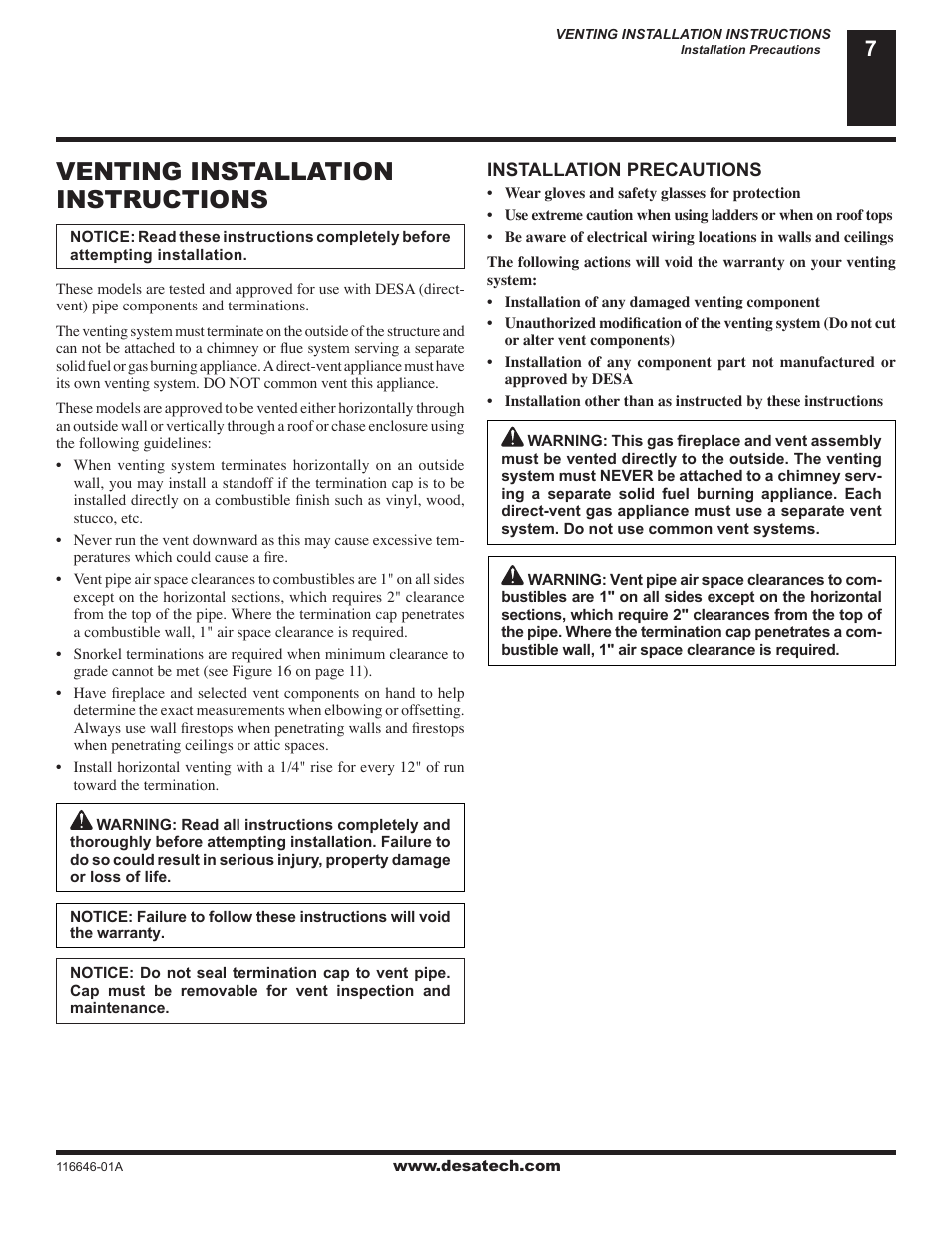 Venting installation instructions | Desa (V)T32N-A Series User Manual | Page 7 / 38