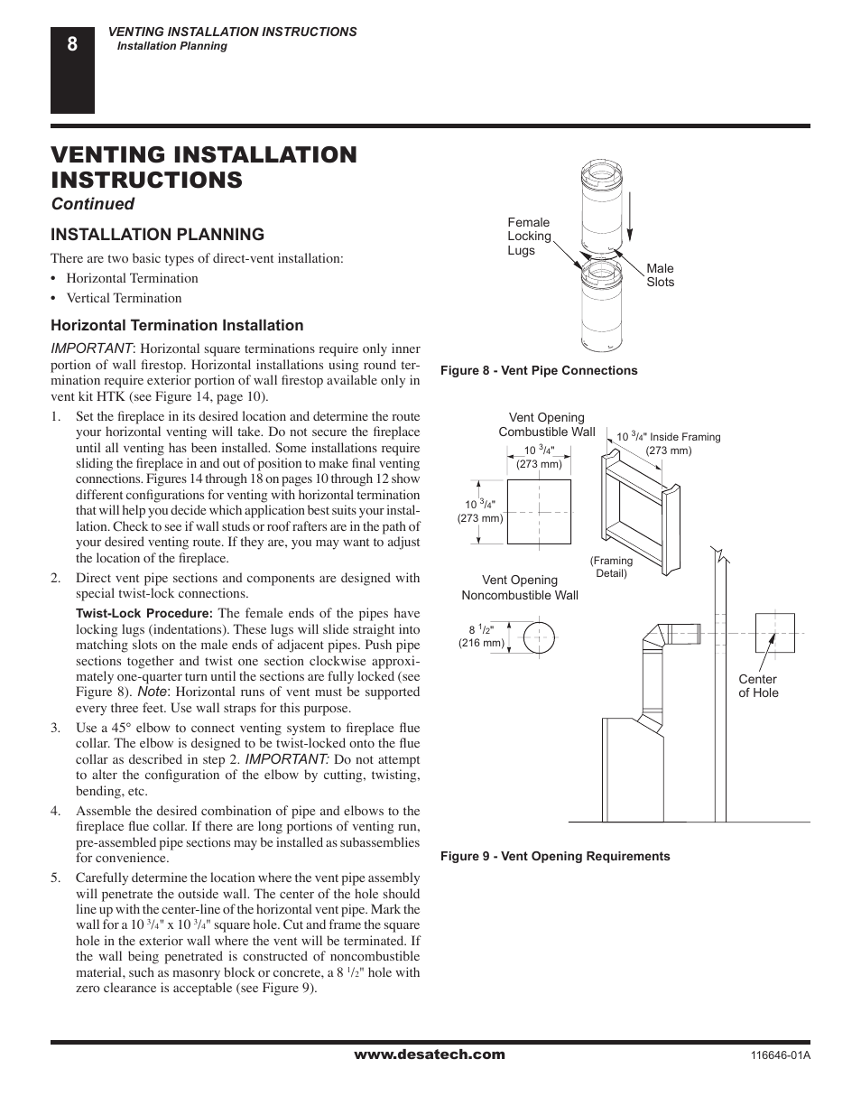 Venting installation instructions, Installation planning, Continued | Horizontal termination installation | Desa (V)T32N-A Series User Manual | Page 8 / 38