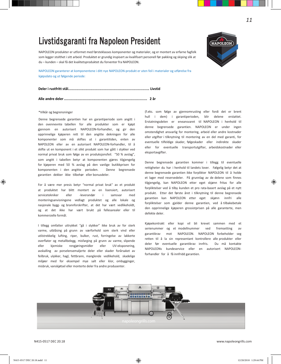 Livstidsgaranti fra napoleon president | Napoleon Multi-Functional Beverage Center  Owner's Guide User Manual | Page 11 / 52