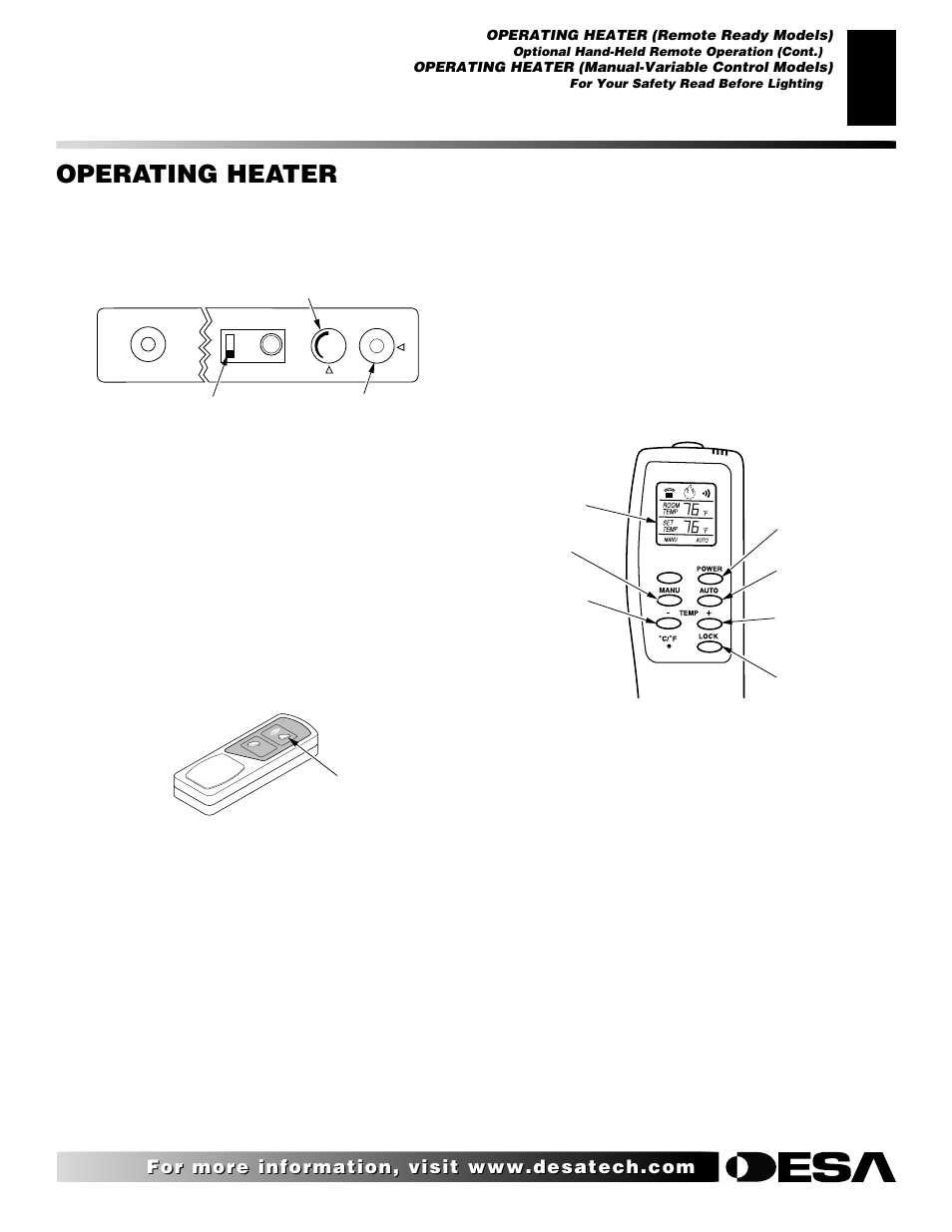 Operating heater, Continued, On/off series (model ghrcb) | Thermostat series (model ghrctb) | Desa SVYD18N User Manual | Page 15 / 36
