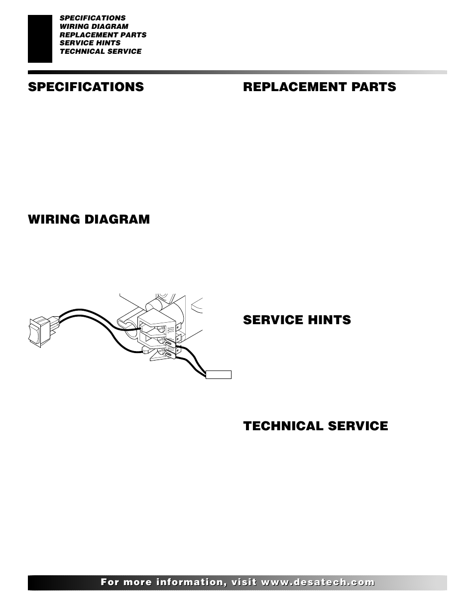 Technical service, Replacement parts, Service hints | Specifications, Wiring diagram | Desa SVYD18N User Manual | Page 32 / 36