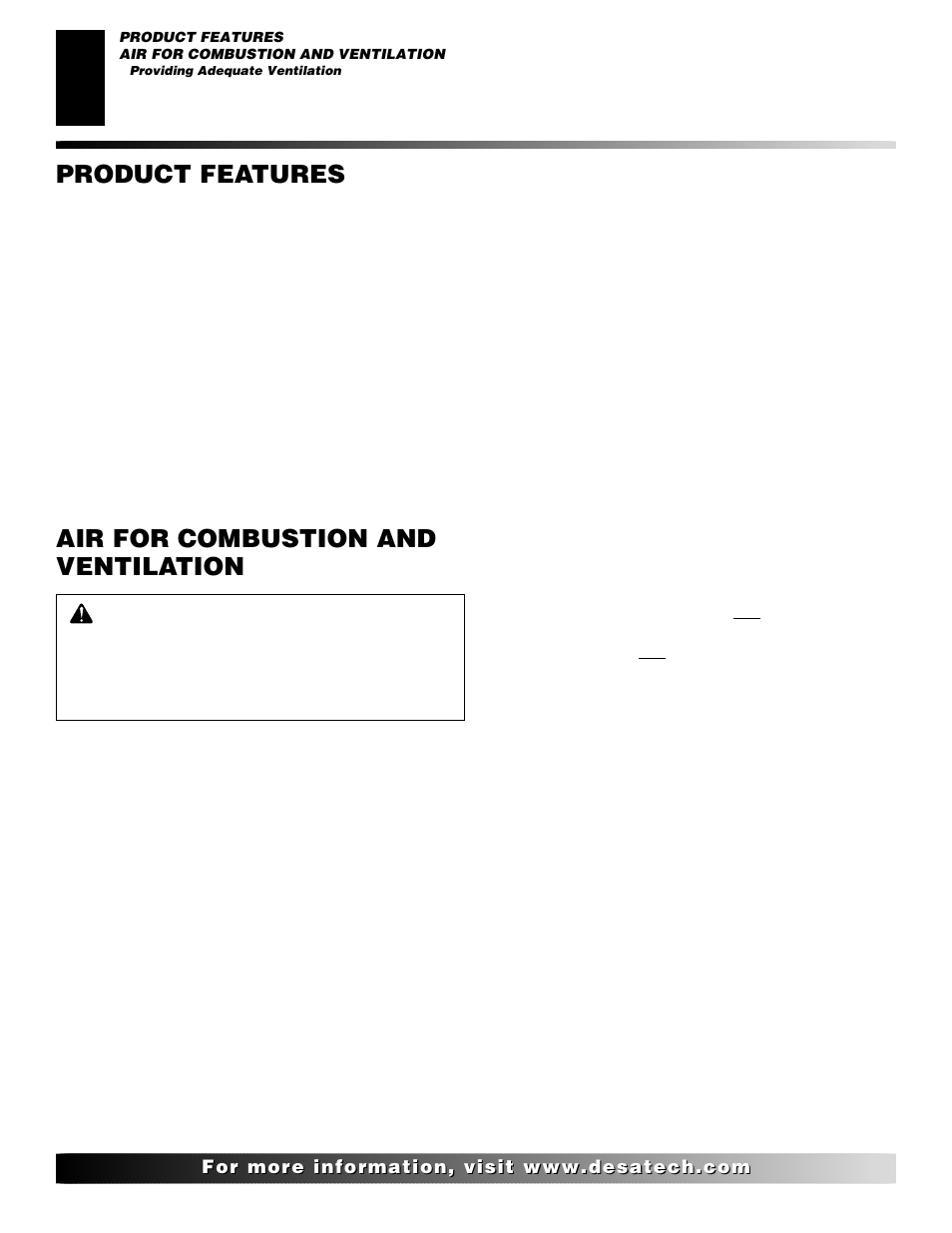 Product features, Air for combustion and ventilation | Desa SVYD18N User Manual | Page 4 / 36