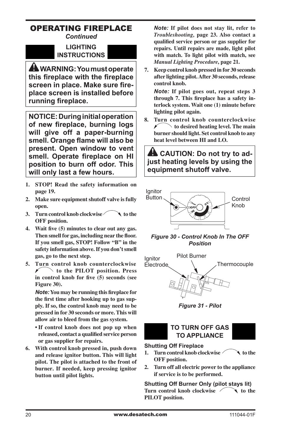 Operating fireplace | Desa CGCFTP User Manual | Page 20 / 32