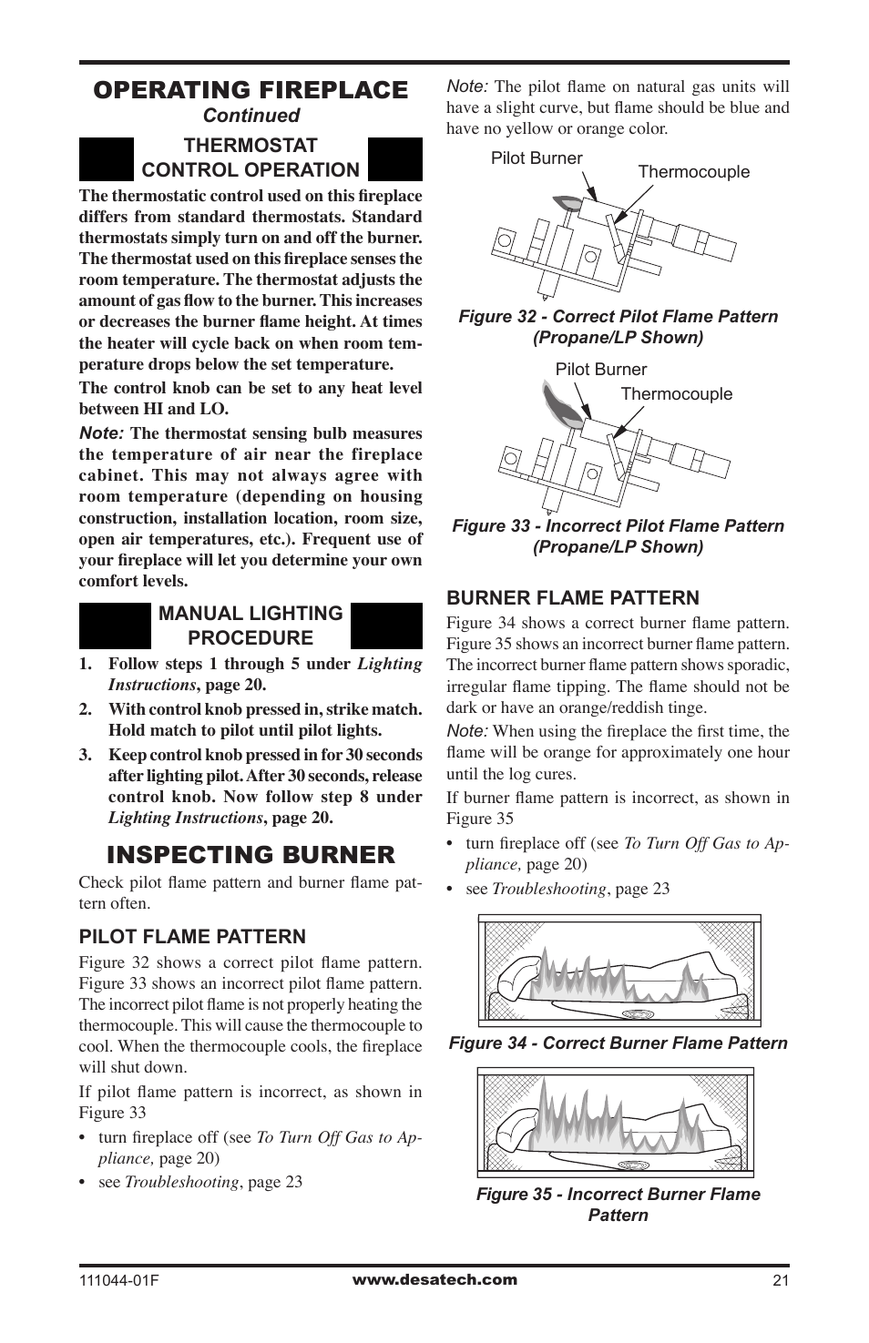 Inspecting burner, Operating fireplace | Desa CGCFTP User Manual | Page 21 / 32