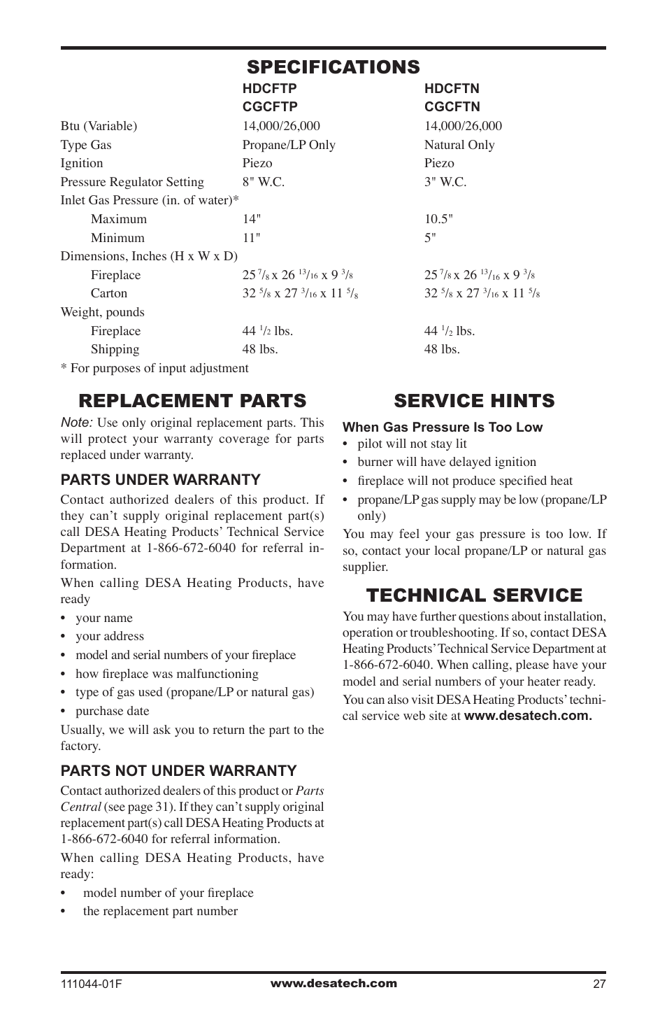 Specifications, Replacement parts, Service hints | Technical service, Parts under warranty, Parts not under warranty | Desa CGCFTP User Manual | Page 27 / 32