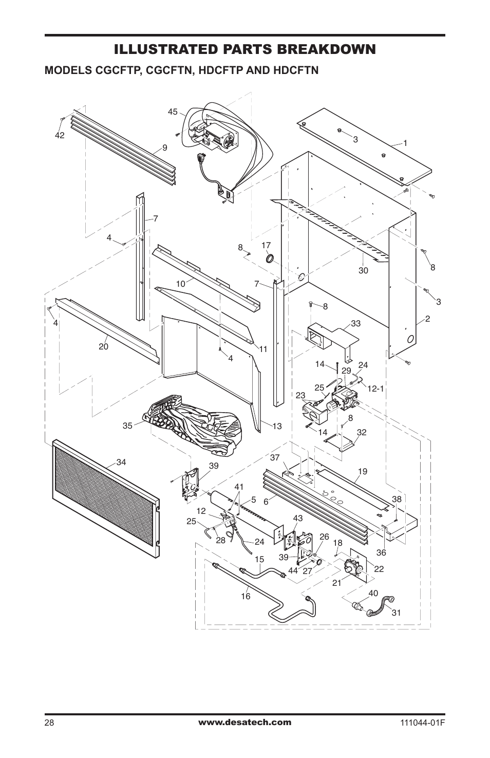 Illustrated parts breakdown and parts list, Illustrated parts breakdown, Models cgcftp, cgcftn, hdcftp and hdcftn | Desa CGCFTP User Manual | Page 28 / 32