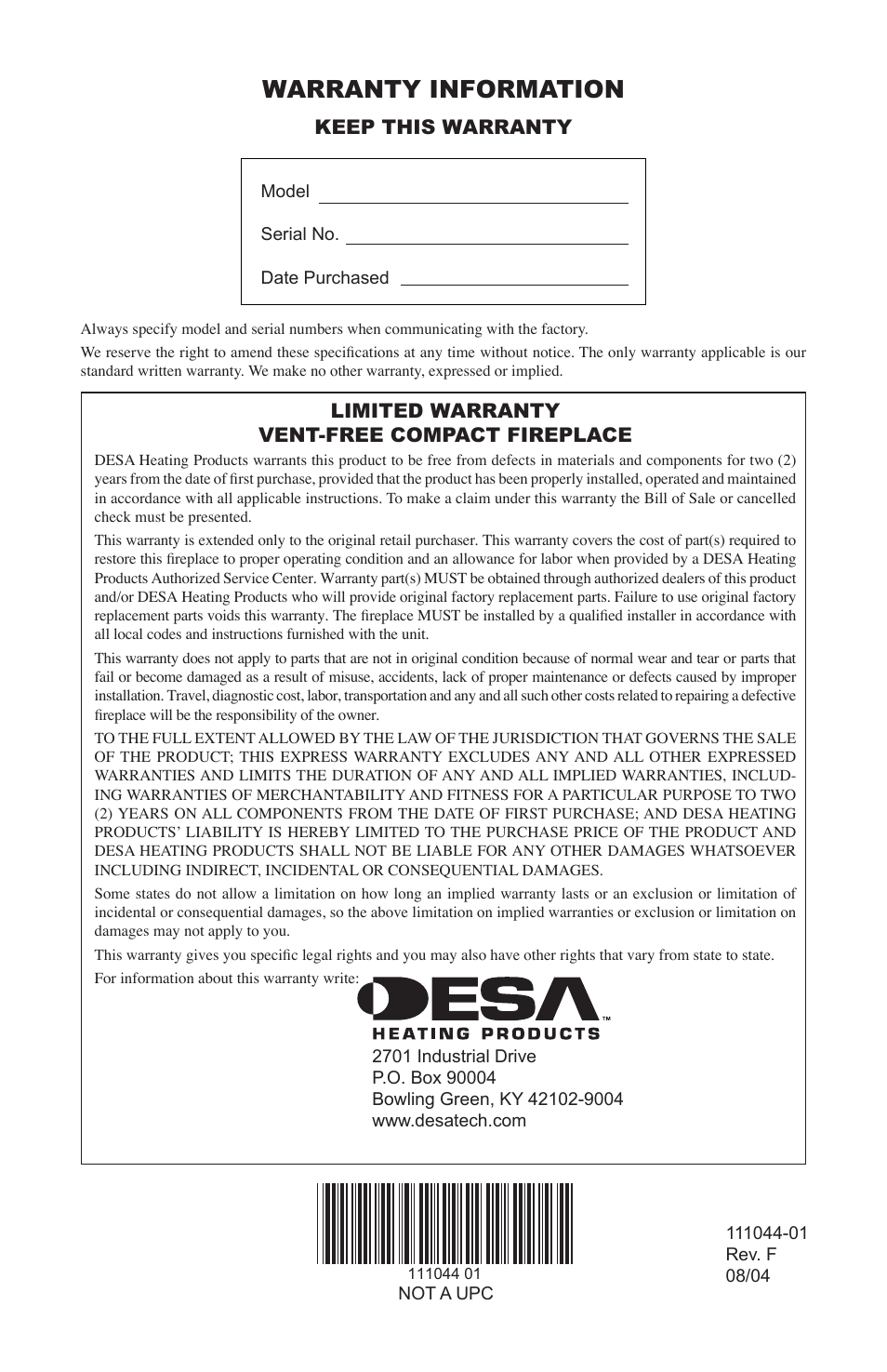 Warranty information, Keep this warranty, Limited warranty vent-free compact fireplace | Desa CGCFTP User Manual | Page 32 / 32