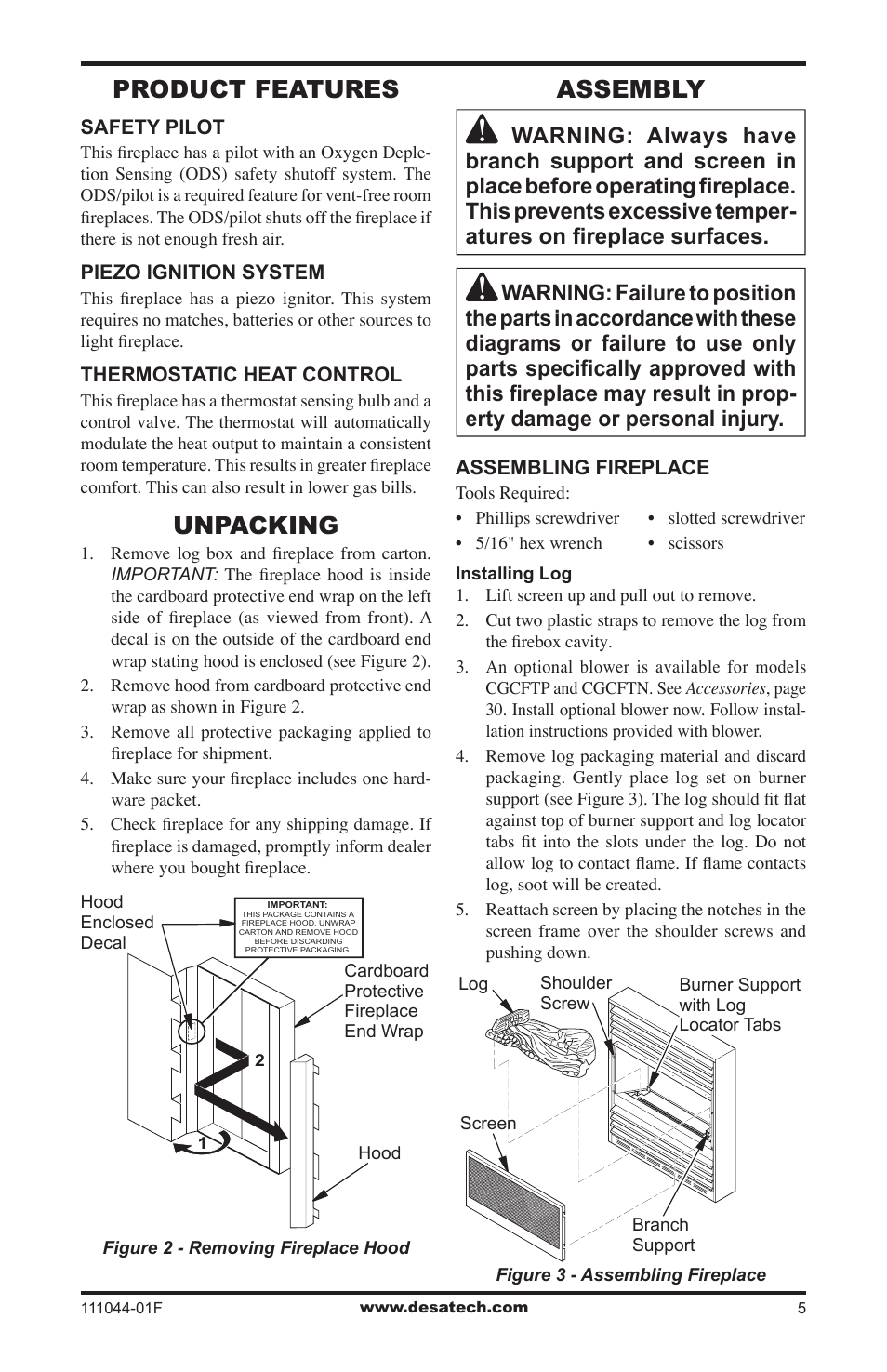 Product features, Unpacking, Assembly | Desa CGCFTP User Manual | Page 5 / 32