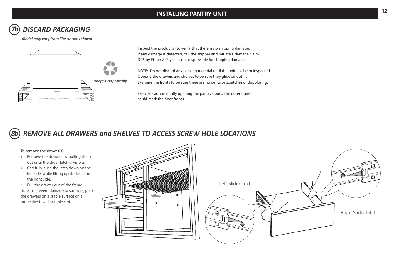 Discard packaging, Installing pantry unit | DCS 20 Inch Built-in Outdoor Storage Drawer: Single Drawer Installation Instructions User Manual | Page 12 / 40