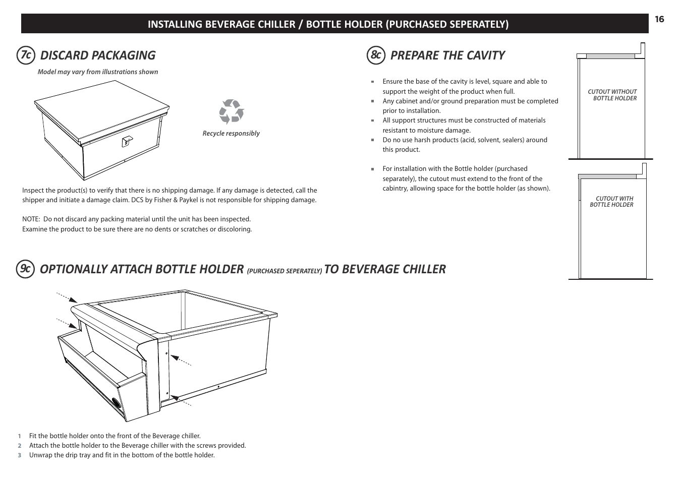 Discard packaging optionally attach bottle holder, Prepare the cavity, 7c 9c | DCS 20 Inch Built-in Outdoor Storage Drawer: Single Drawer Installation Instructions User Manual | Page 16 / 40
