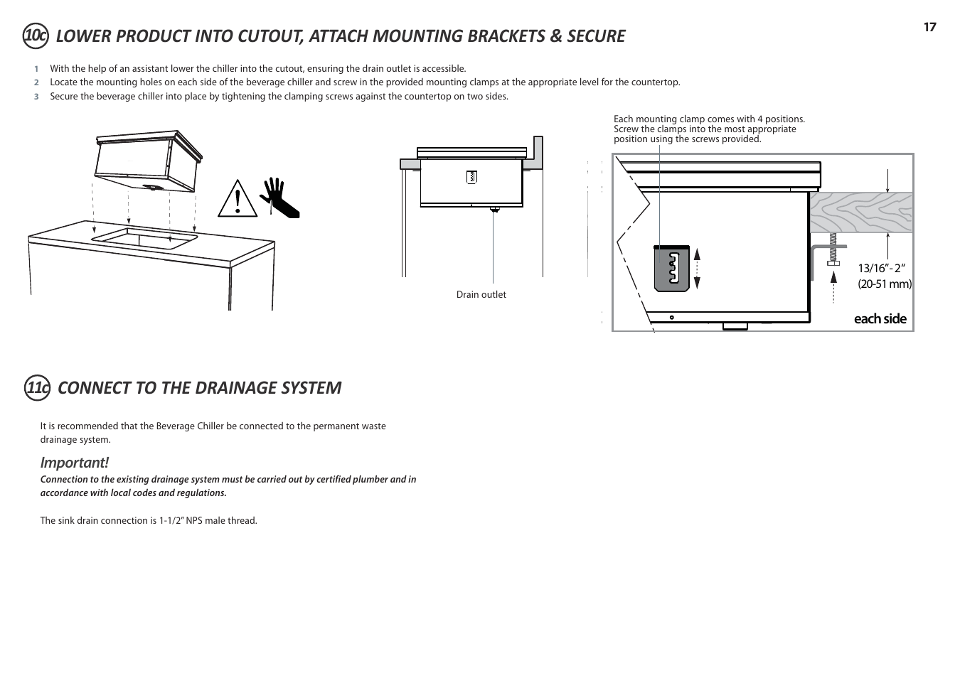 Connect to the drainage system, Important | DCS 20 Inch Built-in Outdoor Storage Drawer: Single Drawer Installation Instructions User Manual | Page 17 / 40