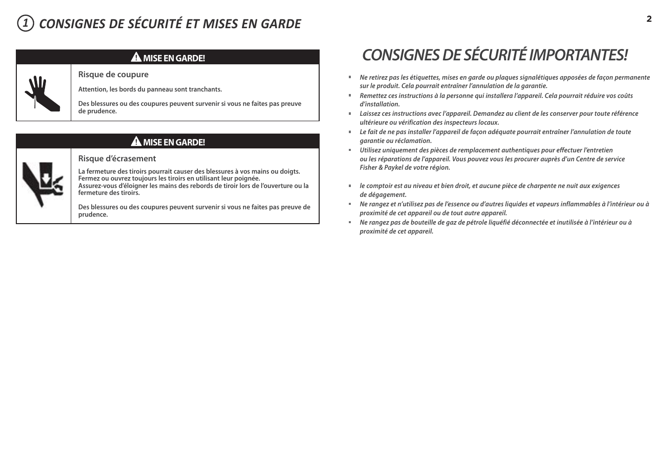 Consignes de sécurité importantes, Consignes de sécurité et mises en garde | DCS 20 Inch Built-in Outdoor Storage Drawer: Single Drawer Installation Instructions User Manual | Page 23 / 40