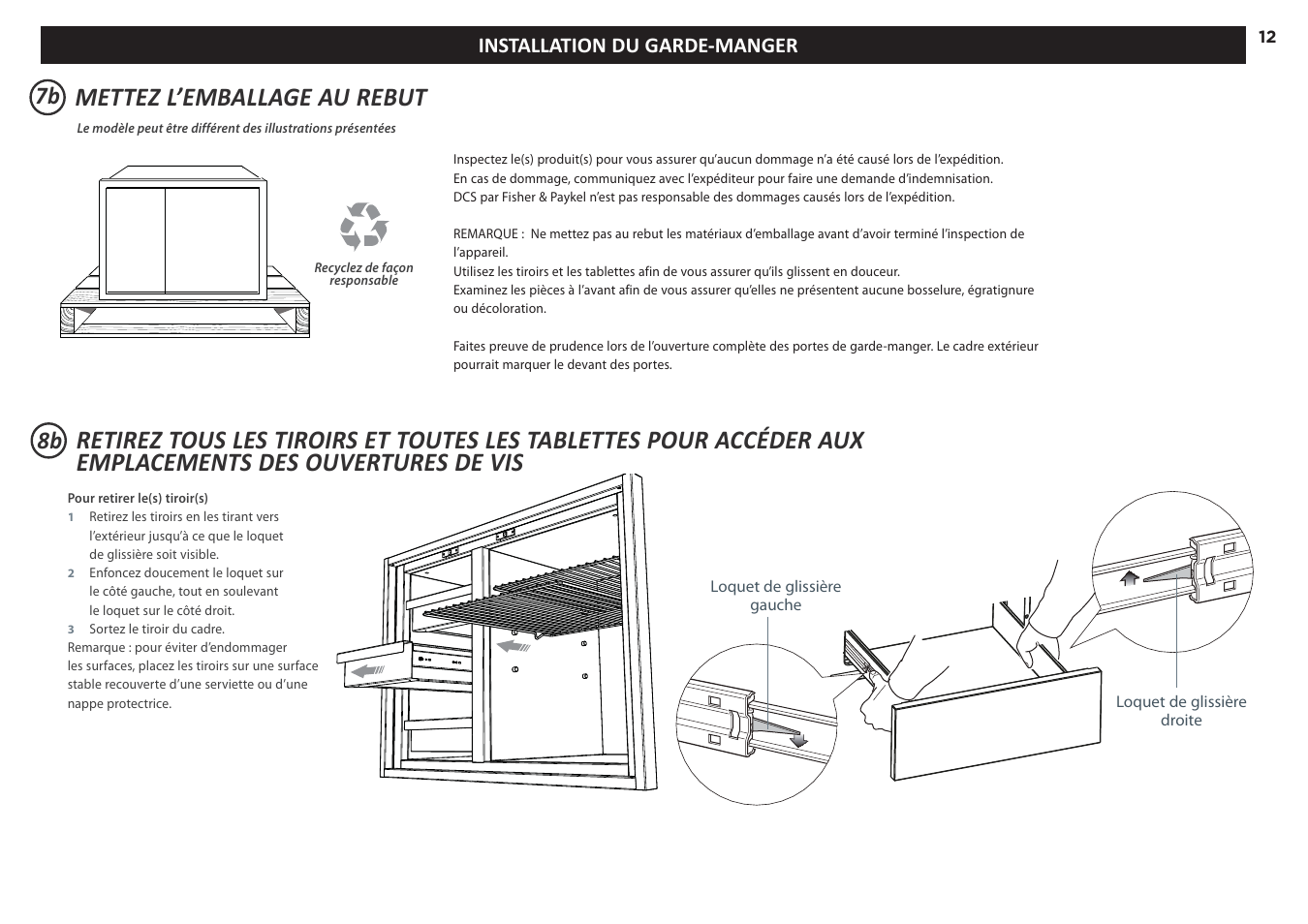 Mettez l’emballage au rebut, Installation du garde-manger | DCS 20 Inch Built-in Outdoor Storage Drawer: Single Drawer Installation Instructions User Manual | Page 33 / 40