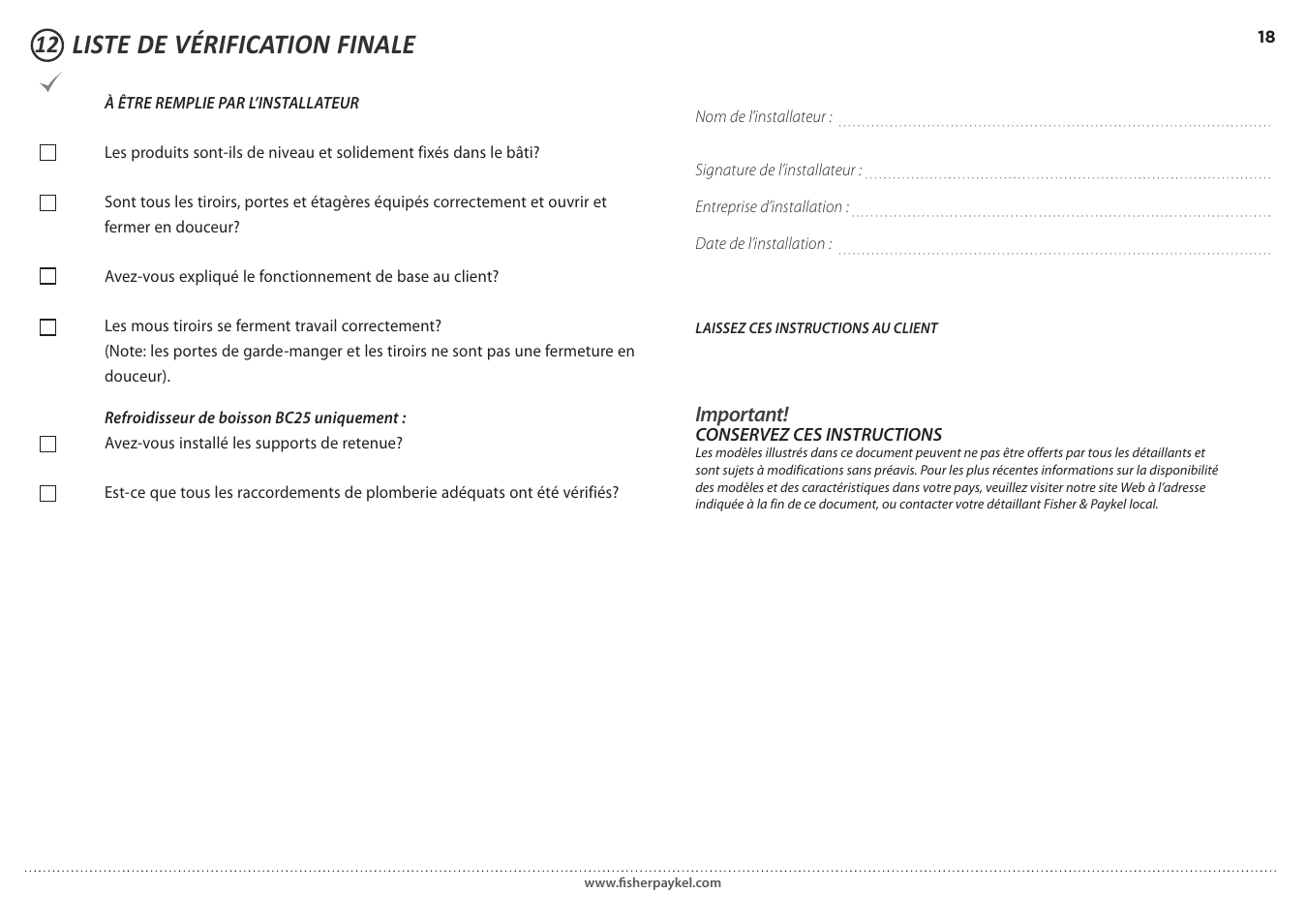 Liste de vérification finale, Important | DCS 20 Inch Built-in Outdoor Storage Drawer: Single Drawer Installation Instructions User Manual | Page 39 / 40
