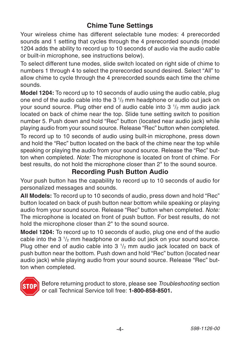 Chime tune settings, Recording push button audio | Desa SAY WHAT?! 1204 User Manual | Page 4 / 6