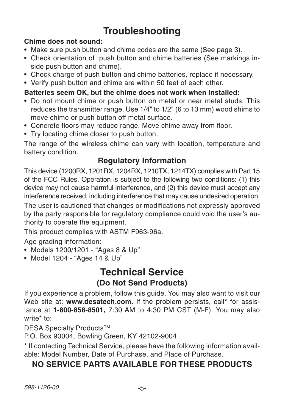 Troubleshooting, Technical service | Desa SAY WHAT?! 1204 User Manual | Page 5 / 6