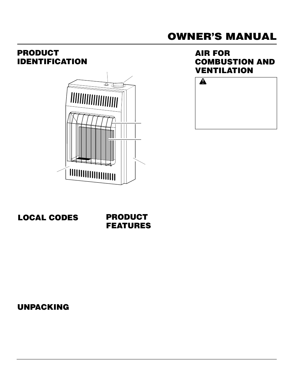 Owner’s manual, Local codes, Unpacking | Product features, Product identification, Air for combustion and ventilation | Desa VN10T User Manual | Page 3 / 20