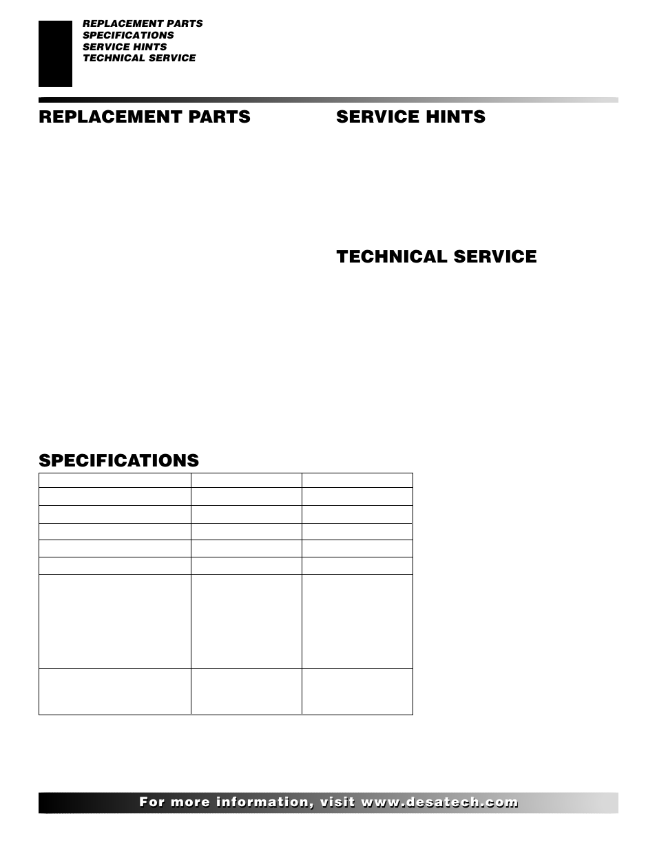 Specifications, Service hints, Technical service | Replacement parts | Desa (V)V36ENA(1) User Manual | Page 34 / 38