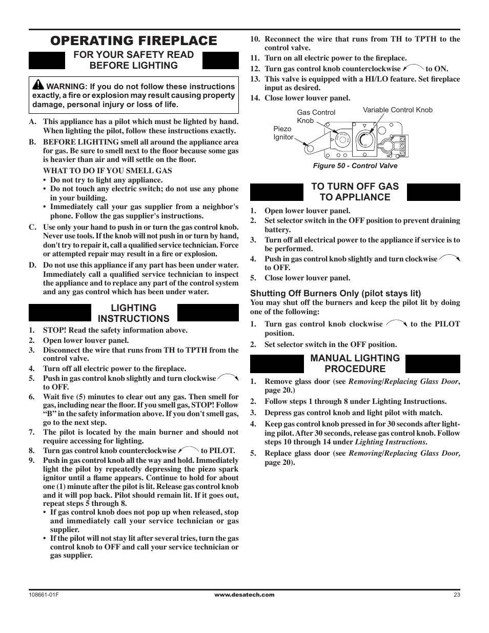 Operating fireplace, Manual lighting procedure, Lighting instructions | Desa CHDV32NR User Manual | Page 23 / 36