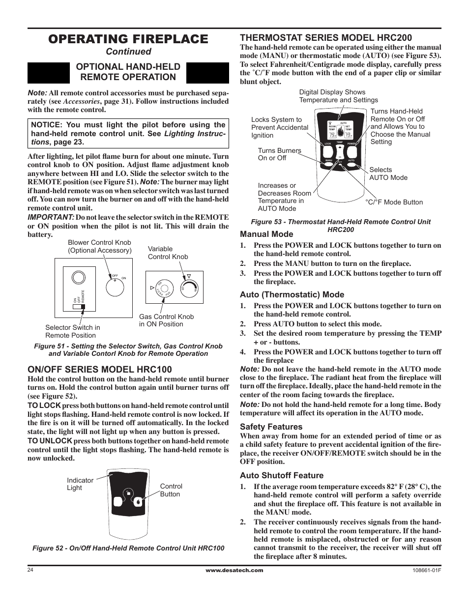 Operating fireplace, Continued optional hand-held remote operation, Thermostat series model hrc200 | On/off series model hrc100, Manual mode, Auto (thermostatic) mode, Safety features, Auto shutoff feature | Desa CHDV32NR User Manual | Page 24 / 36