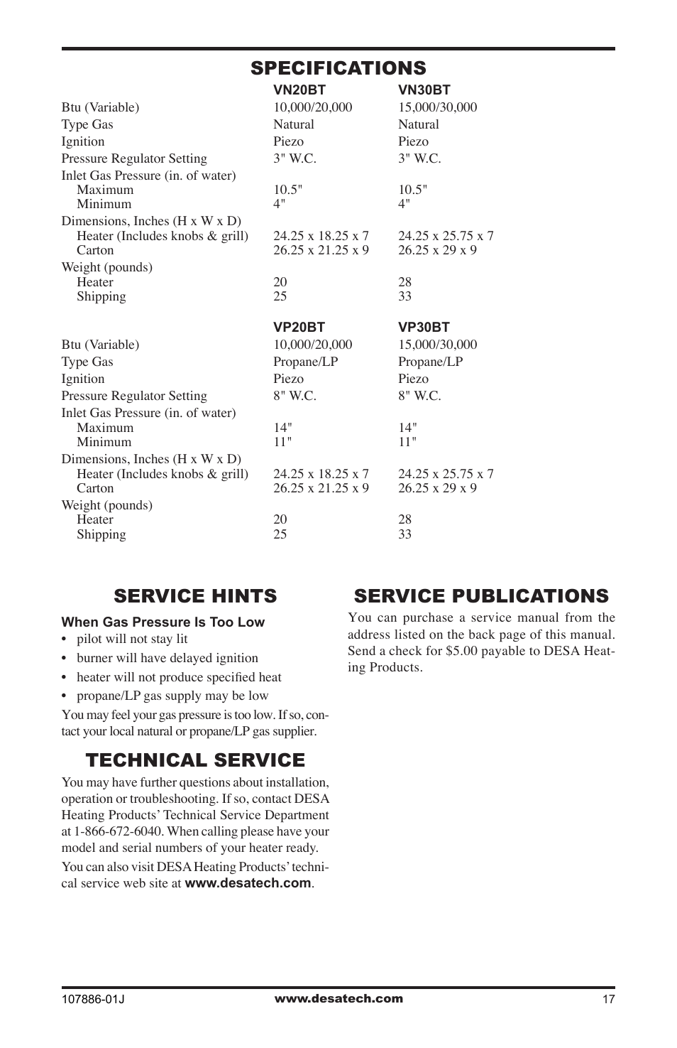 Specifications, Service hints, Technical service | Service publications | Desa VP30BT User Manual | Page 17 / 24