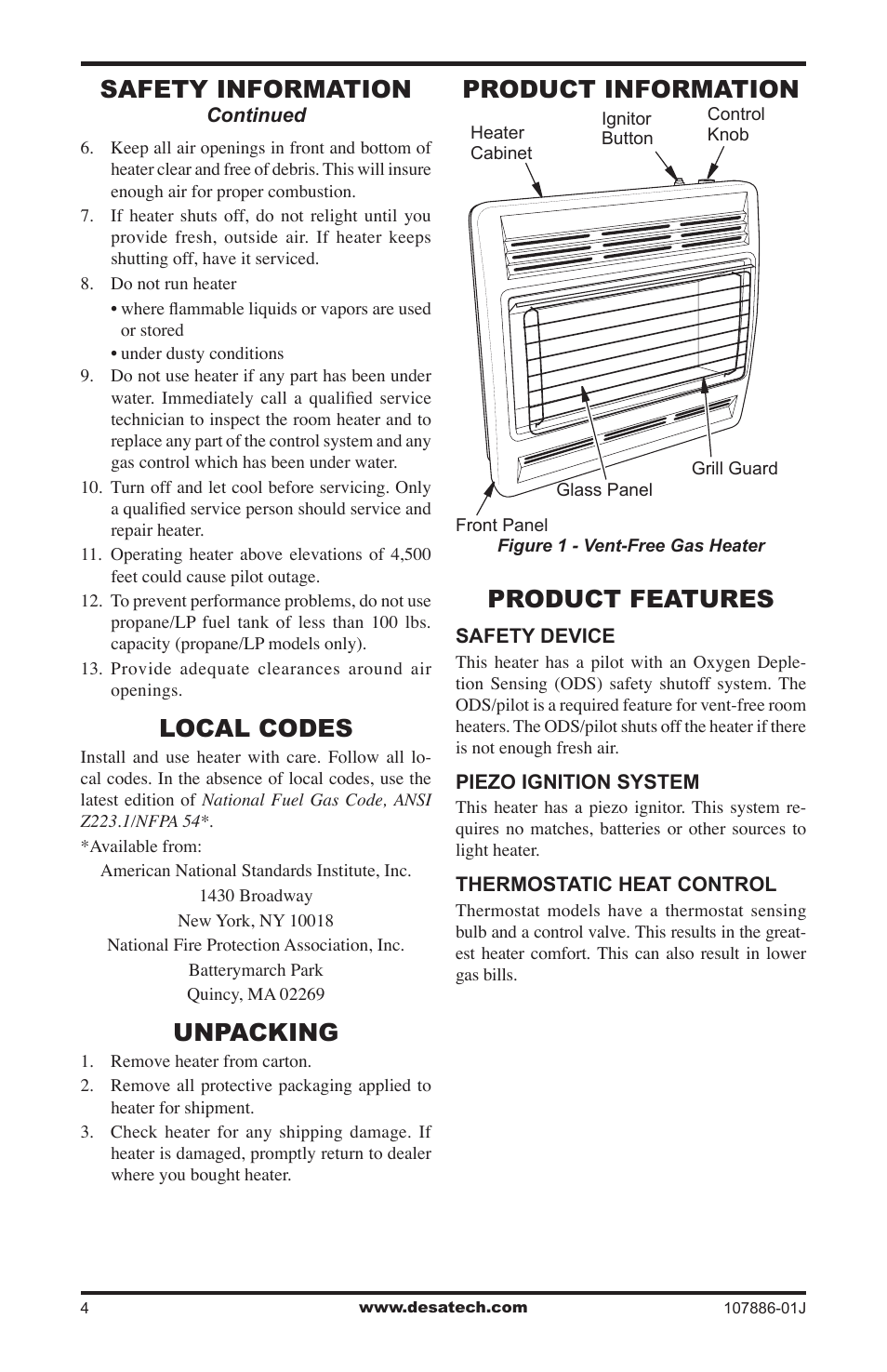 Local codes, Unpacking, Product information | Product features, Safety information, Product information product features | Desa VP30BT User Manual | Page 4 / 24