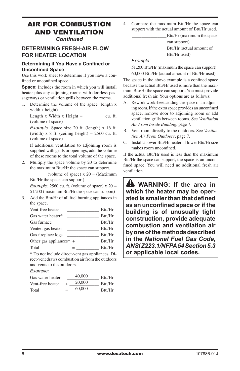 Air for combustion and ventilation | Desa VP30BT User Manual | Page 6 / 24