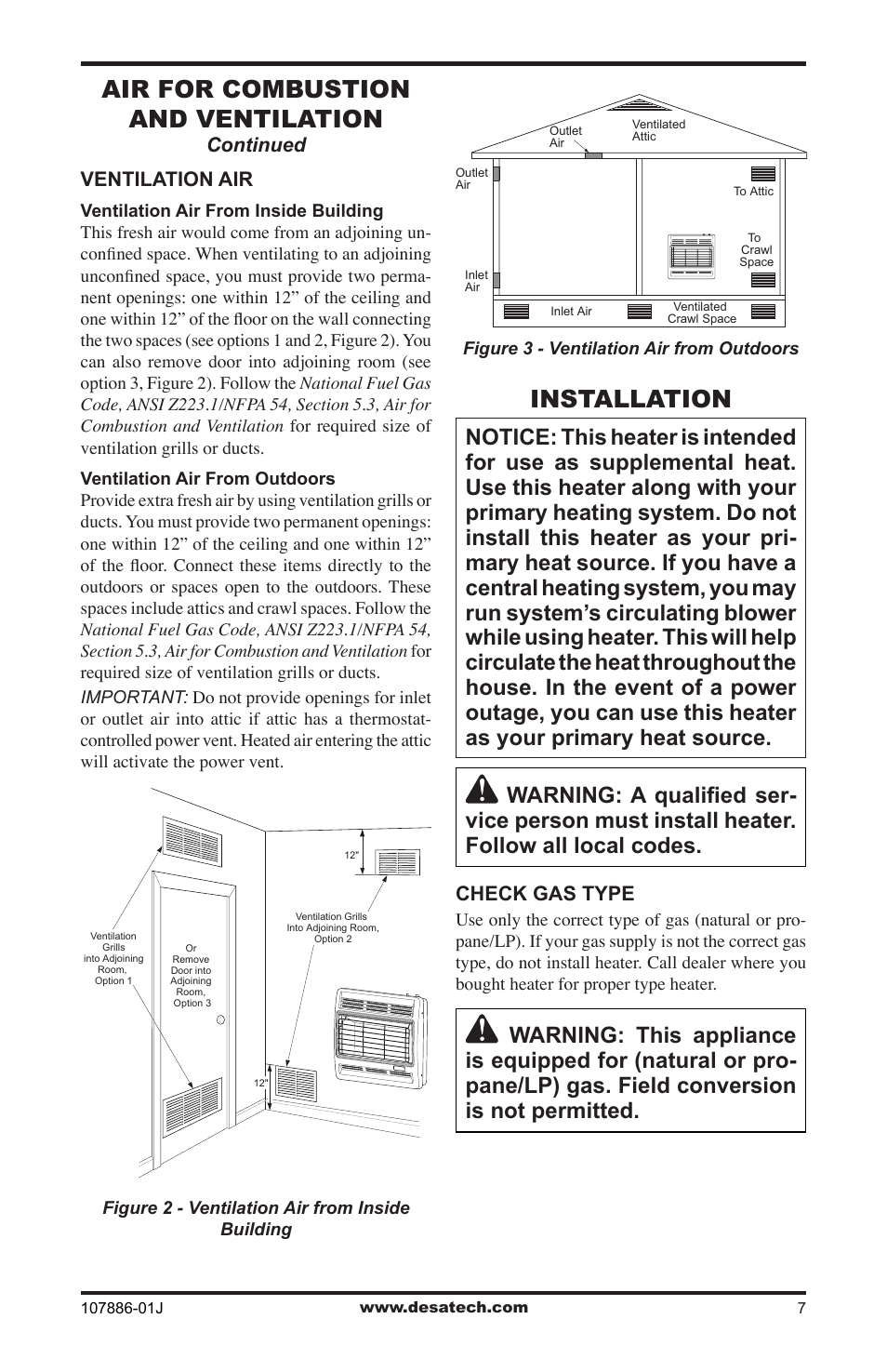 Installation, Air for combustion and ventilation | Desa VP30BT User Manual | Page 7 / 24