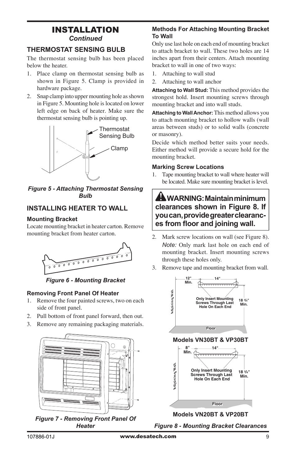 Installation, Thermostat sensing bulb, Installing heater to wall | Continued | Desa VP30BT User Manual | Page 9 / 24