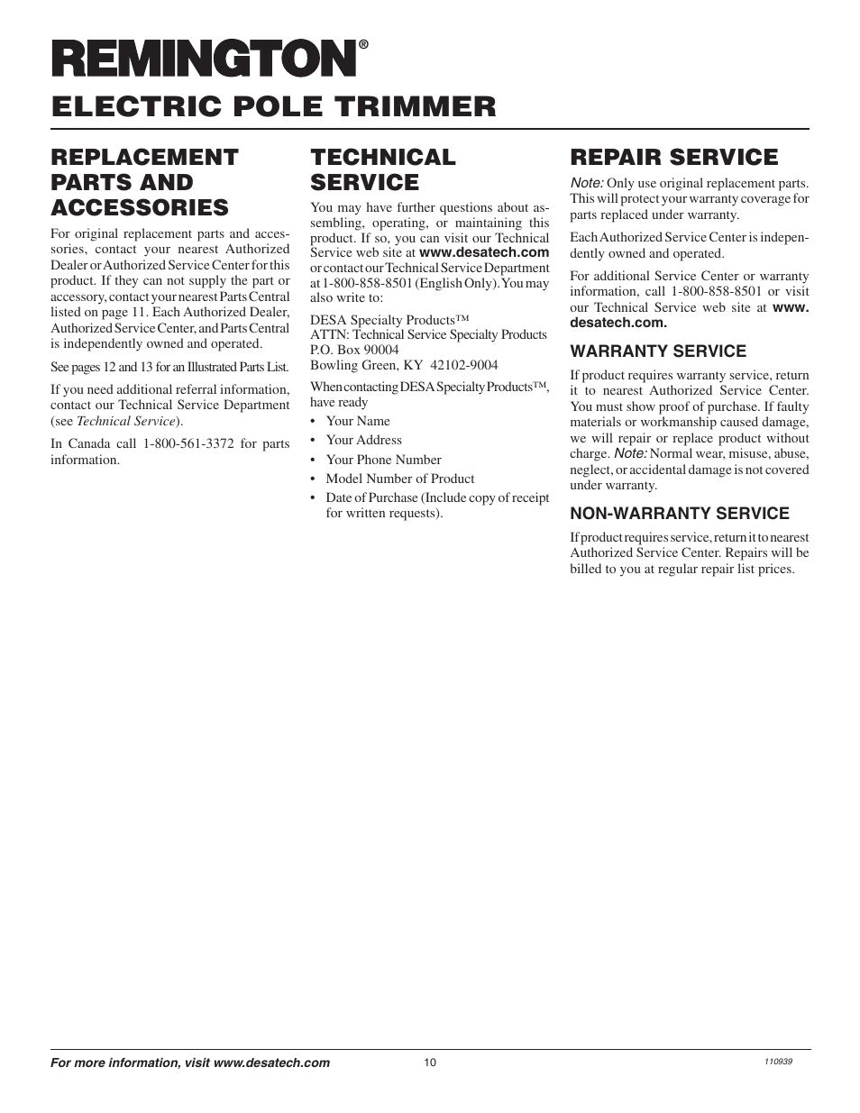 Electric pole trimmer, Repair service, Technical service | Replacement parts and accessories | Desa 110946-01A User Manual | Page 10 / 44