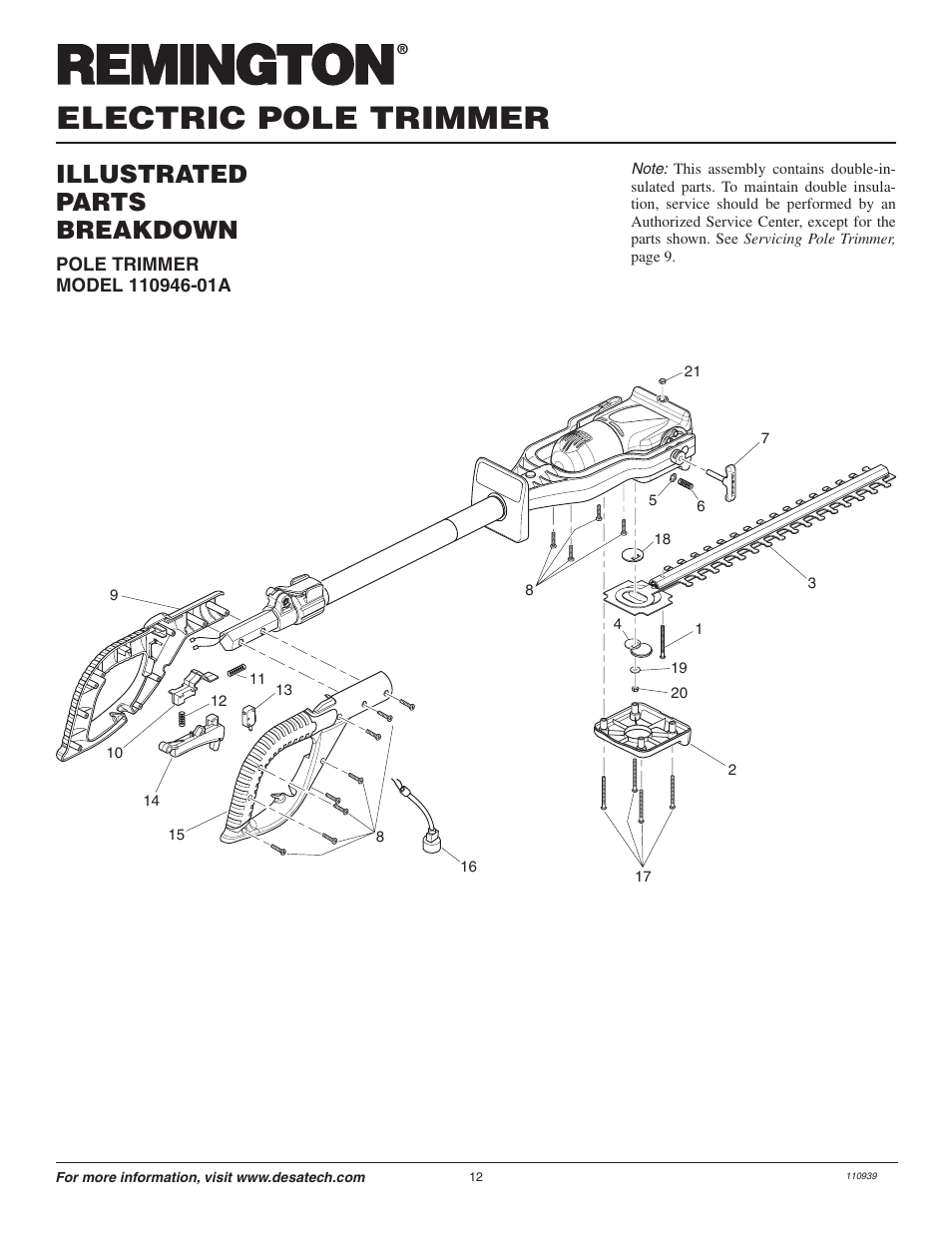 Electric pole trimmer, Illustrated parts breakdown | Desa 110946-01A User Manual | Page 12 / 44