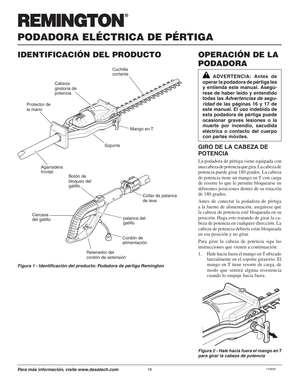 Podadora eléctrica de pértiga, Operación de la podadora, Identificación del producto | Desa 110946-01A User Manual | Page 18 / 44