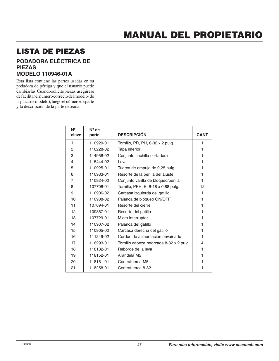Manual del propietario, Lista de piezas | Desa 110946-01A User Manual | Page 27 / 44
