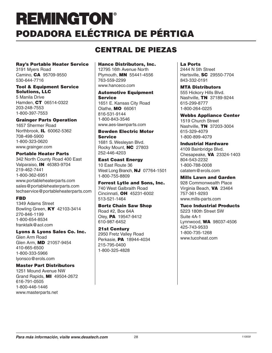 Podadora eléctrica de pértiga, Central de piezas | Desa 110946-01A User Manual | Page 28 / 44