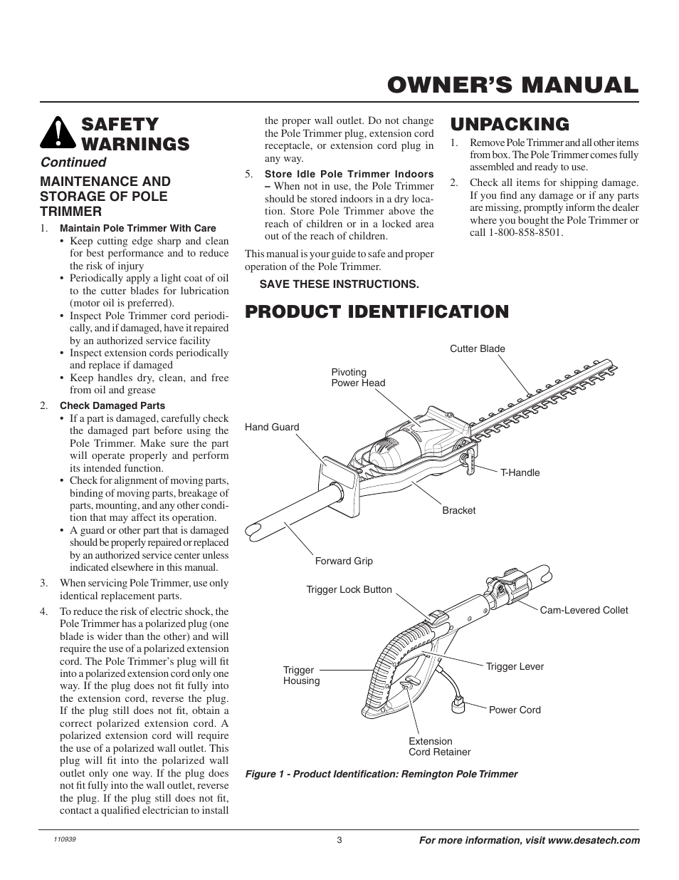 Owner’s manual, Safety warnings, Product identification | Unpacking | Desa 110946-01A User Manual | Page 3 / 44