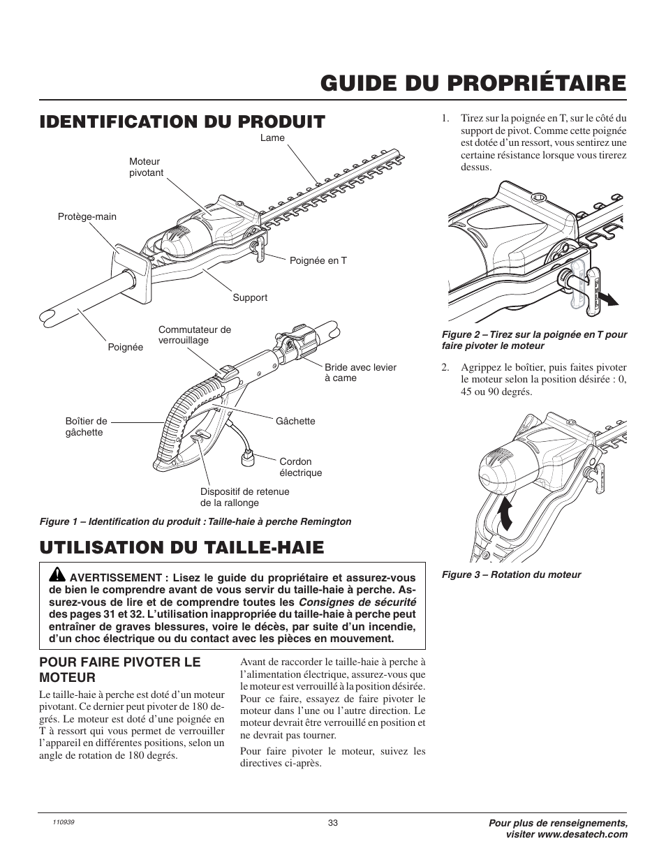 Guide du propriétaire, Utilisation du taille-haie, Identification du produit | Desa 110946-01A User Manual | Page 33 / 44