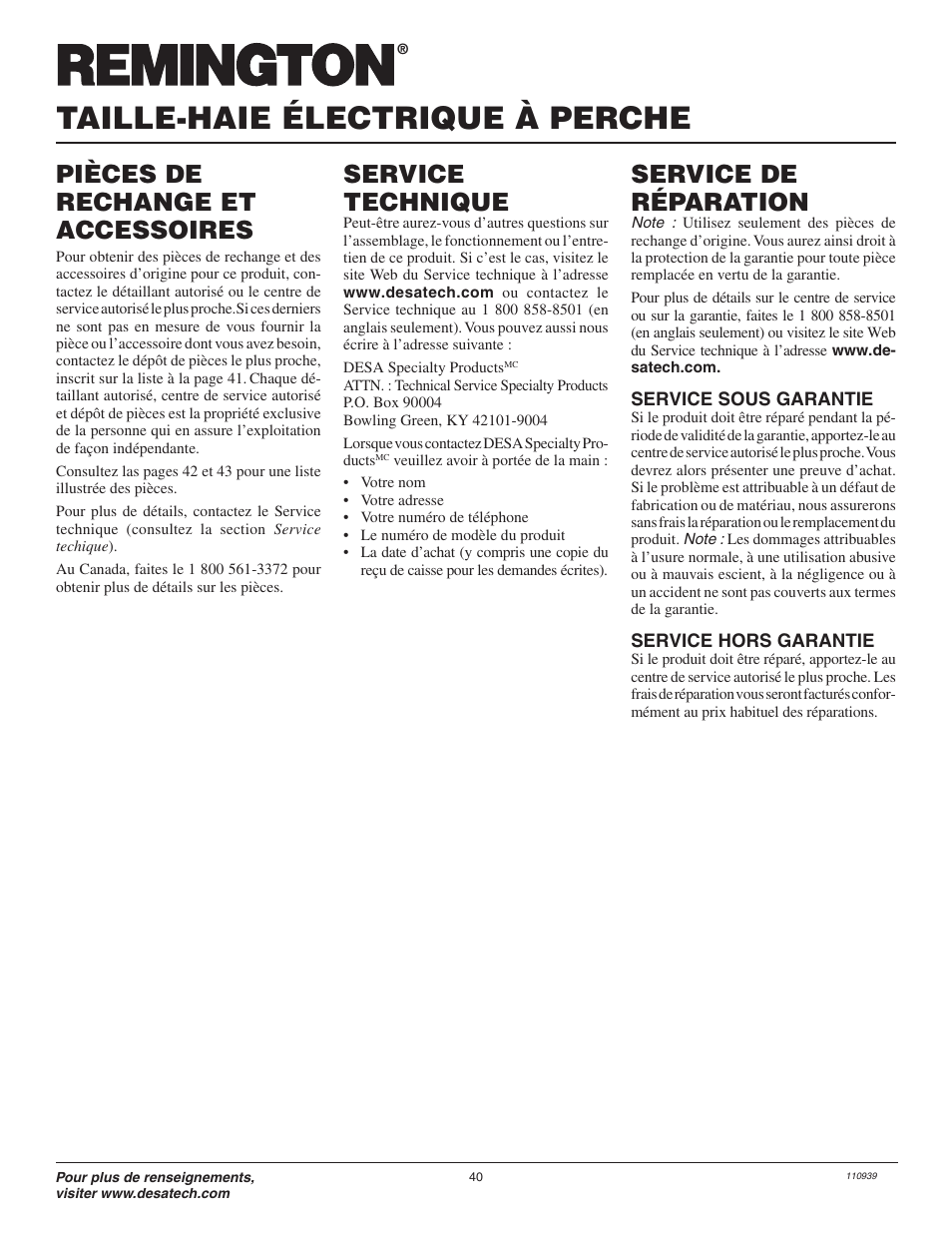 Taille-haie électrique à perche, Service de réparation, Service technique | Pièces de rechange et accessoires | Desa 110946-01A User Manual | Page 40 / 44