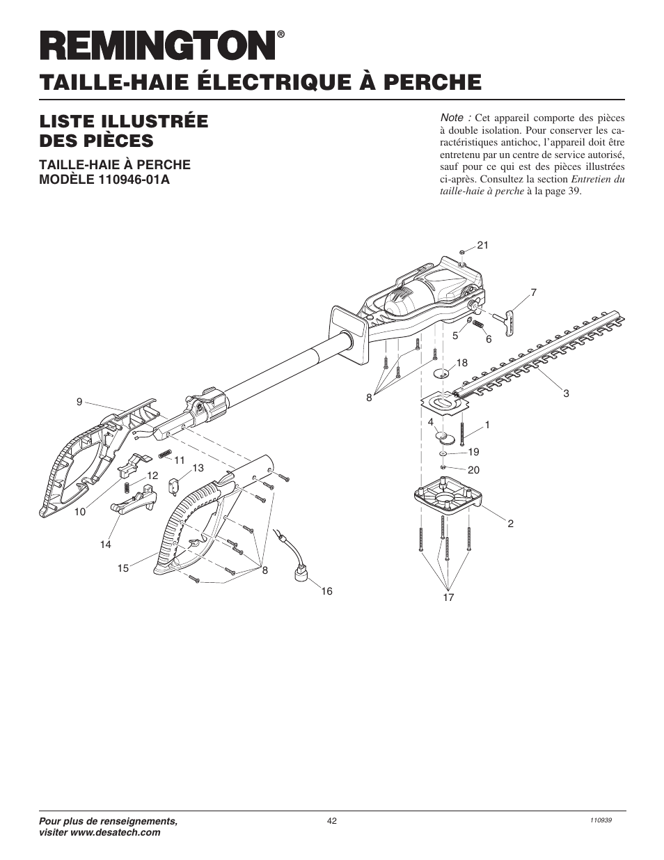 Taille-haie électrique à perche, Liste illustrée des pièces | Desa 110946-01A User Manual | Page 42 / 44