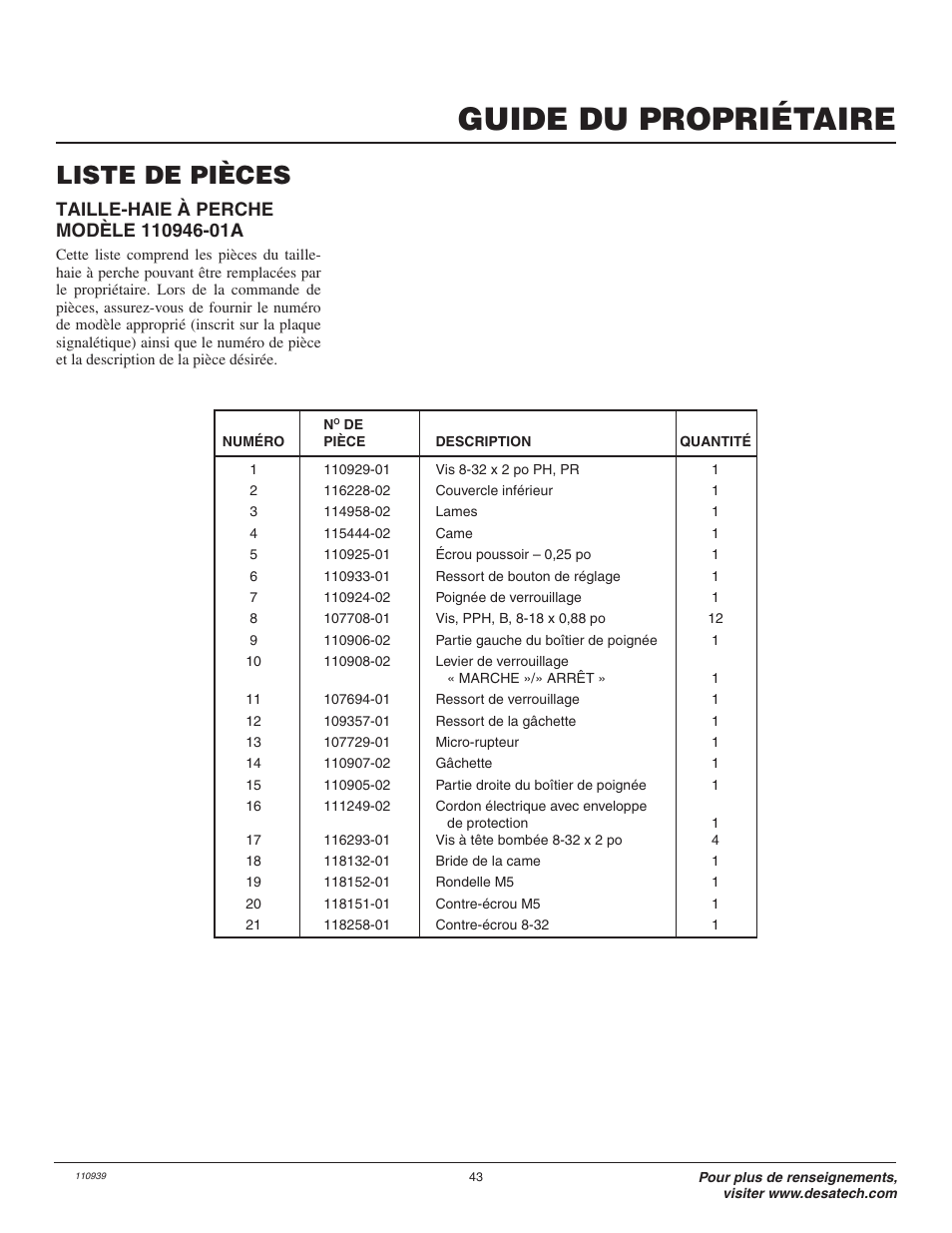 Guide du propriétaire, Liste de pièces | Desa 110946-01A User Manual | Page 43 / 44