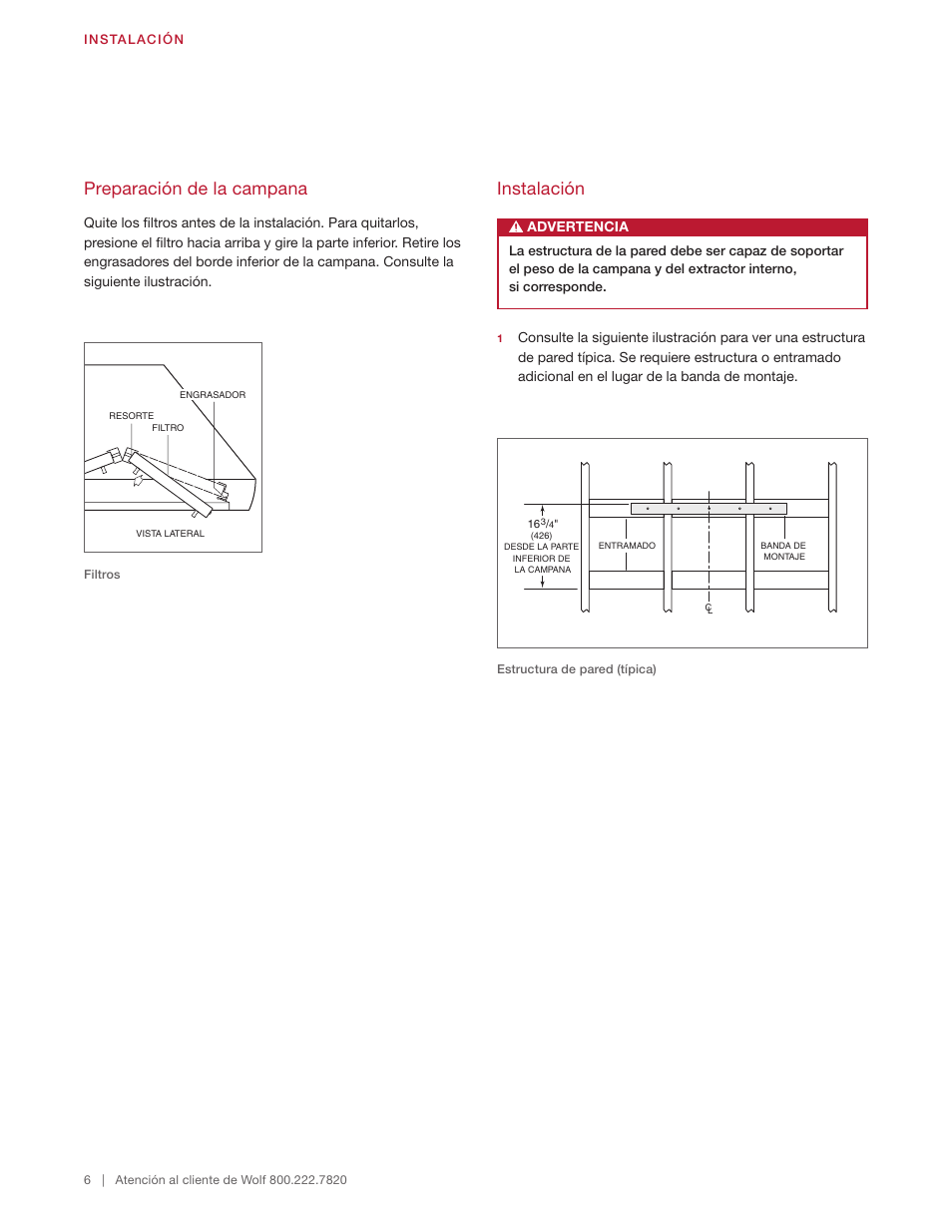 Preparación de la campana, Instalación | Wolf 60 Inch Outdoor Pro Wall Hood  Installation Guide User Manual | Page 16 / 32