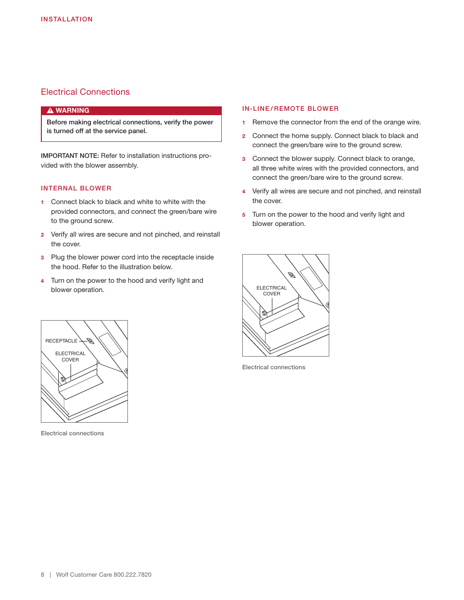 Electrical connections | Wolf 60 Inch Outdoor Pro Wall Hood  Installation Guide User Manual | Page 8 / 32