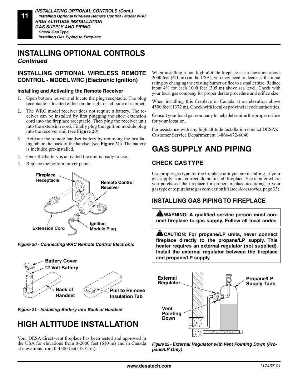 High altitude installation, Installing optional controls, Gas supply and piping | Continued | Desa (V) CB36(N User Manual | Page 12 / 40