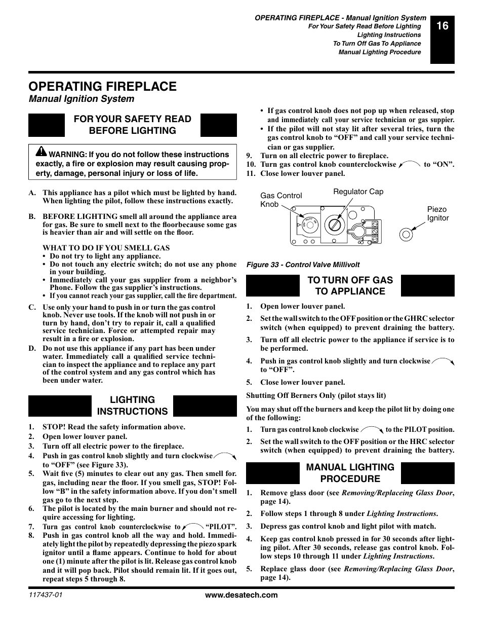 Operating fireplace, Manual ignition system | Desa (V) CB36(N User Manual | Page 17 / 40
