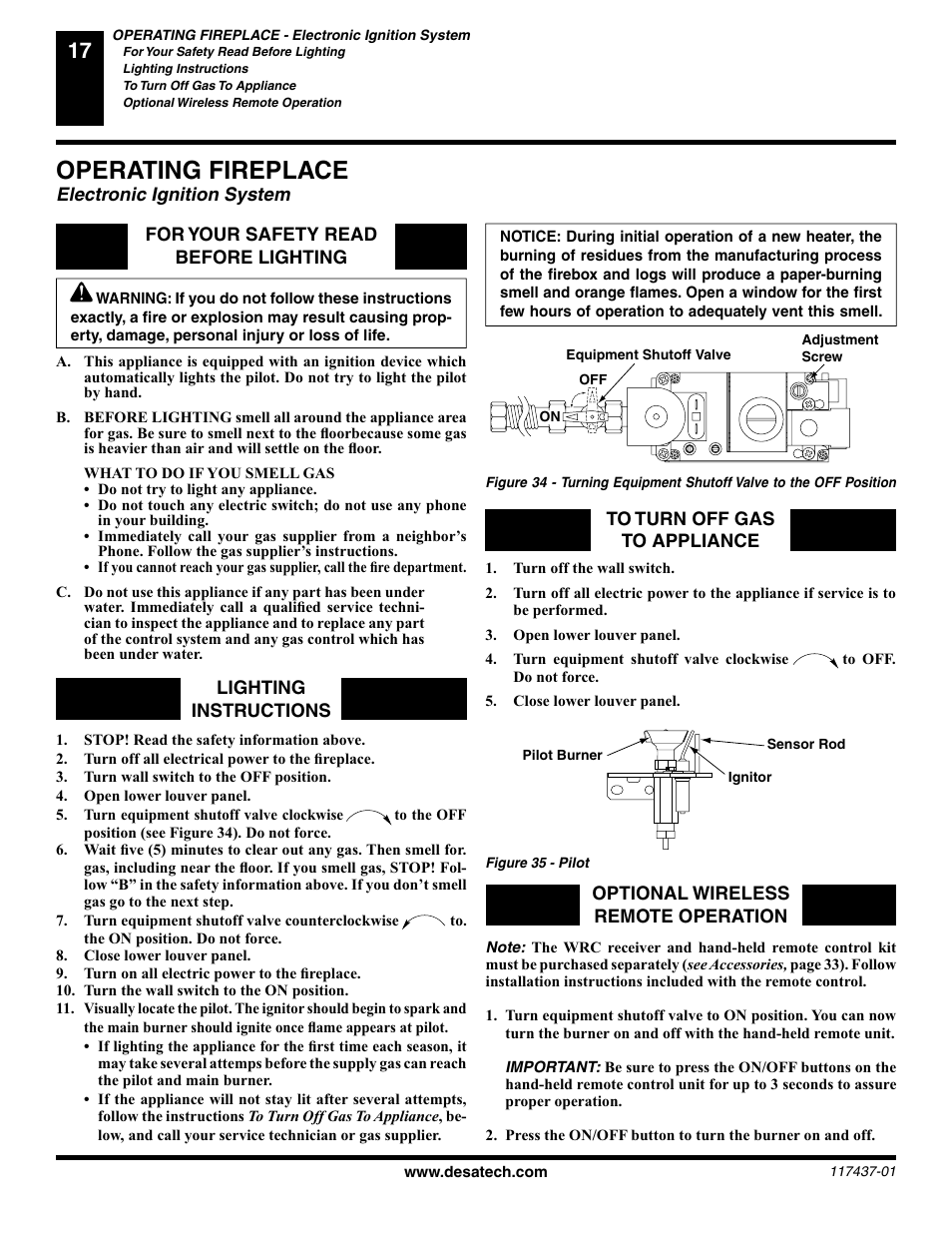 Operating fireplace, Electronic ignition system | Desa (V) CB36(N User Manual | Page 18 / 40